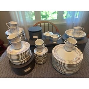 Vintage Fine China‎ Dinnerware Set Pink Blue Floral Silver Trim 90+ Pieces Cases